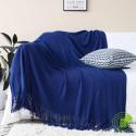 SOGA 2X Royal Blue Acrylic Knitted Throw Blanket Solid Fringed Warm Co